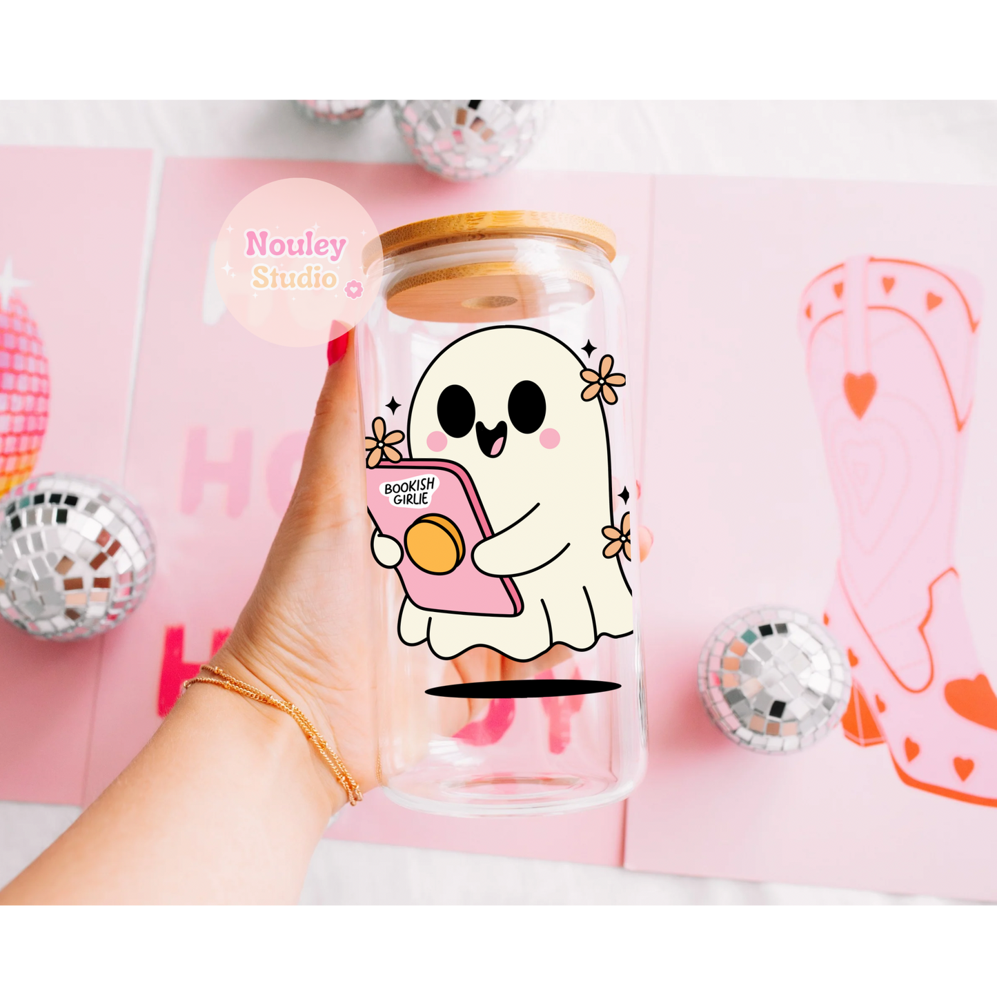 Drinking glass with straw | Spooky bookish girl